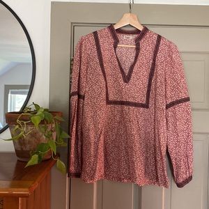 Faherty Womens Top small Organic Cotton V Neck Long Sleeve BOHO